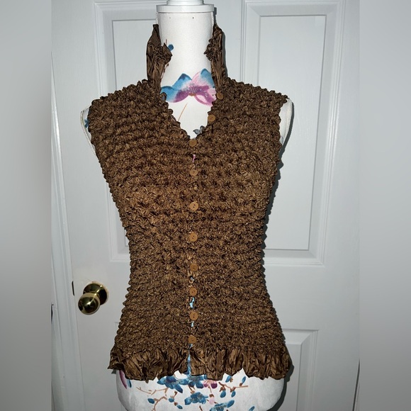 Tops - Brown Textured Button-Up Stretchy Top